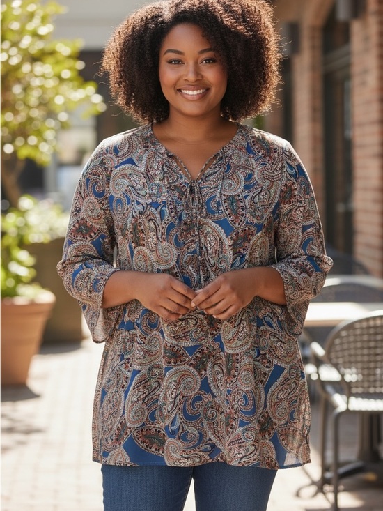Faded Glory Tops - Faded Glory Womens 2X Blue Paisley Print Keyhole Lace Up Tunic Blouse 3/4 Sleeve